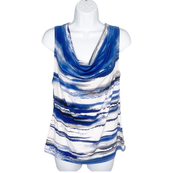 Calvin Klein Scoop Neck Sleeveless Blouse Top Blue White Black Medium - Picture 1 of 9